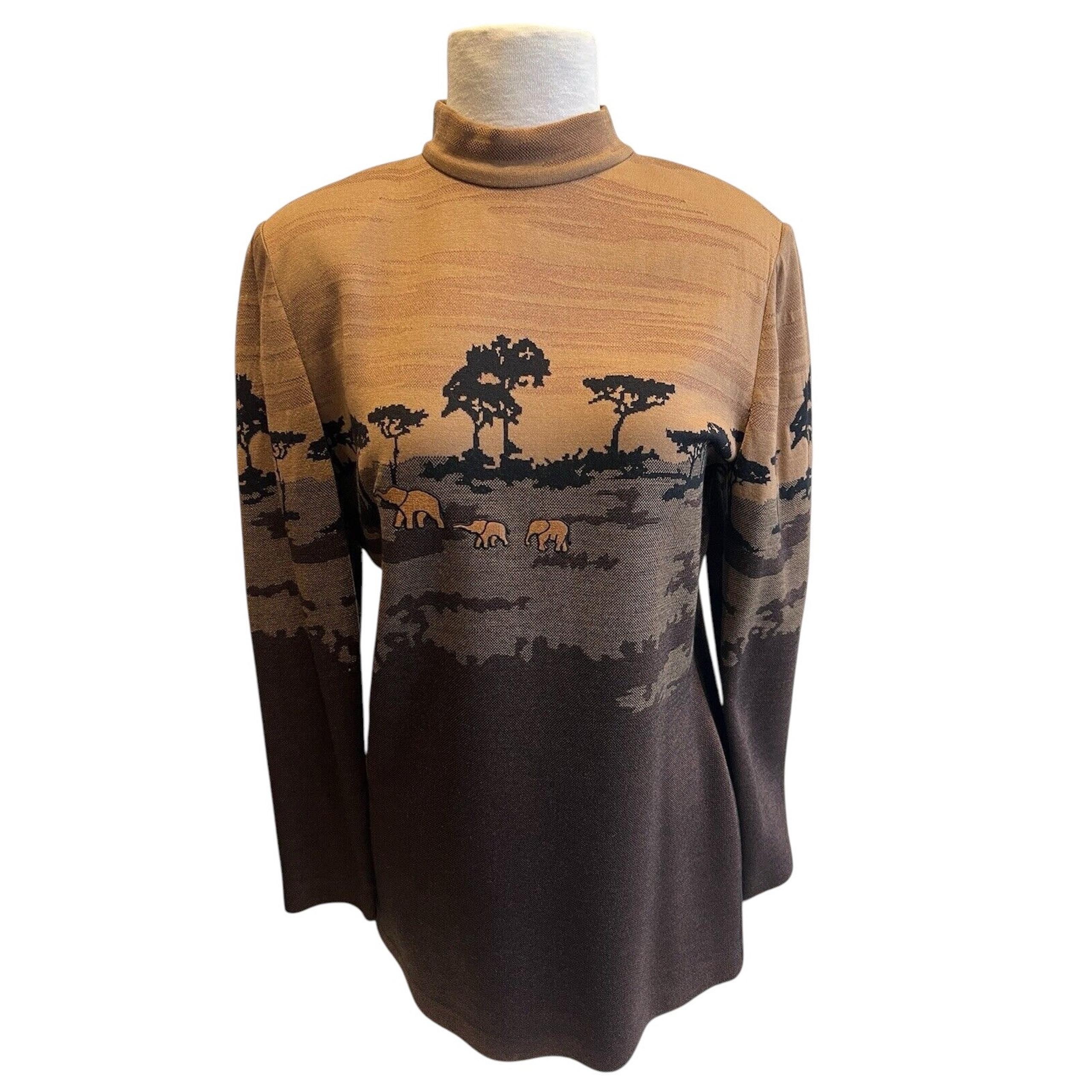 Vintage St John Collection Marie Gray Safari Print Mock Neck Zip Sweater Small