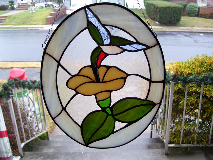 Stained Glass Hummingbird on Morning Glory