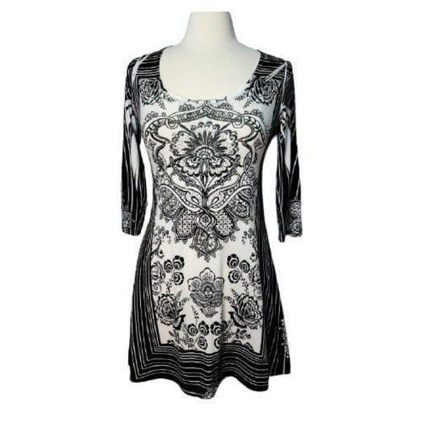 Women's Dress Black White Long Sleeve Midi Stretch Dress Medium