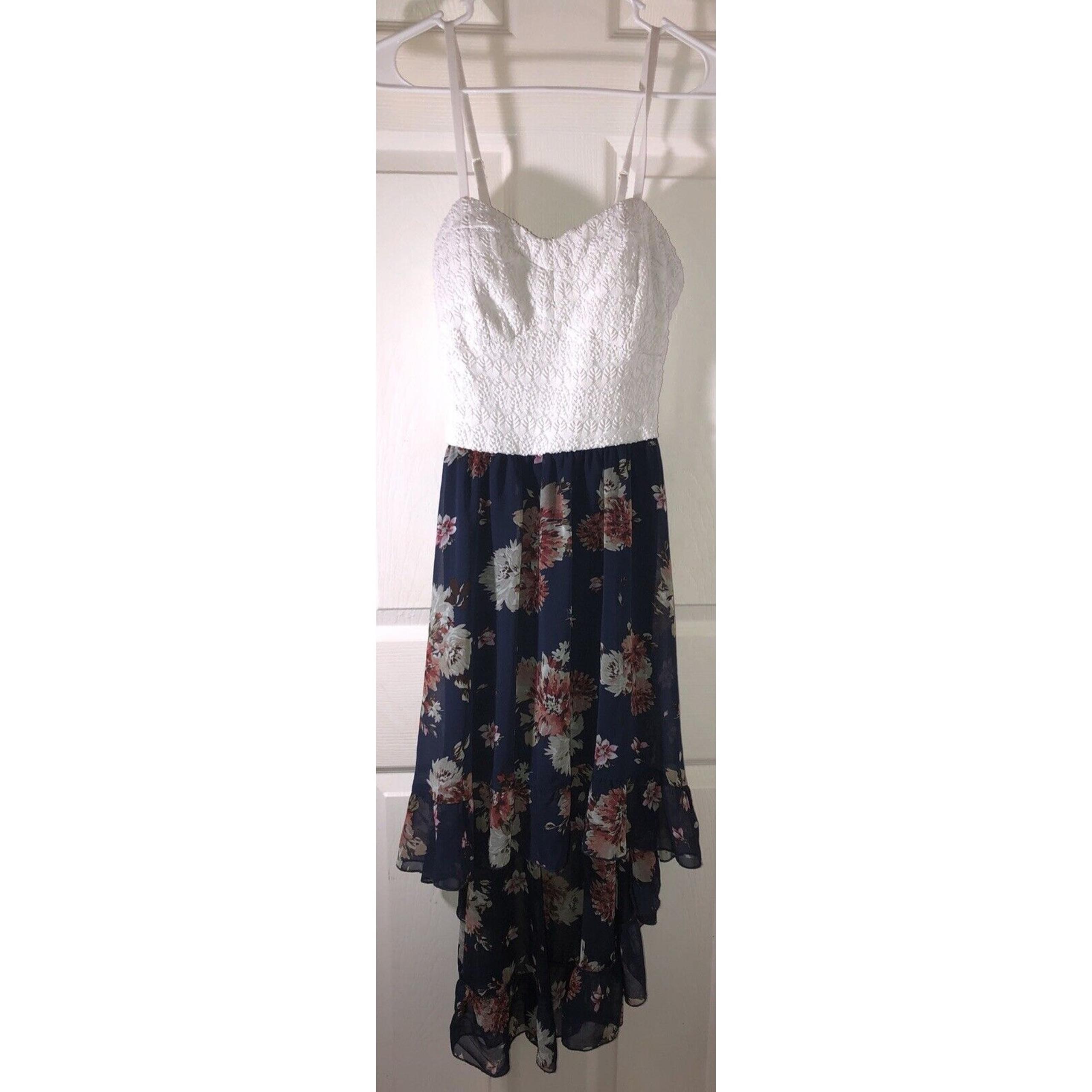 As U Wish Dress Lace White Bodice Blue Floral High Low Cottage Core Maxi Sz L