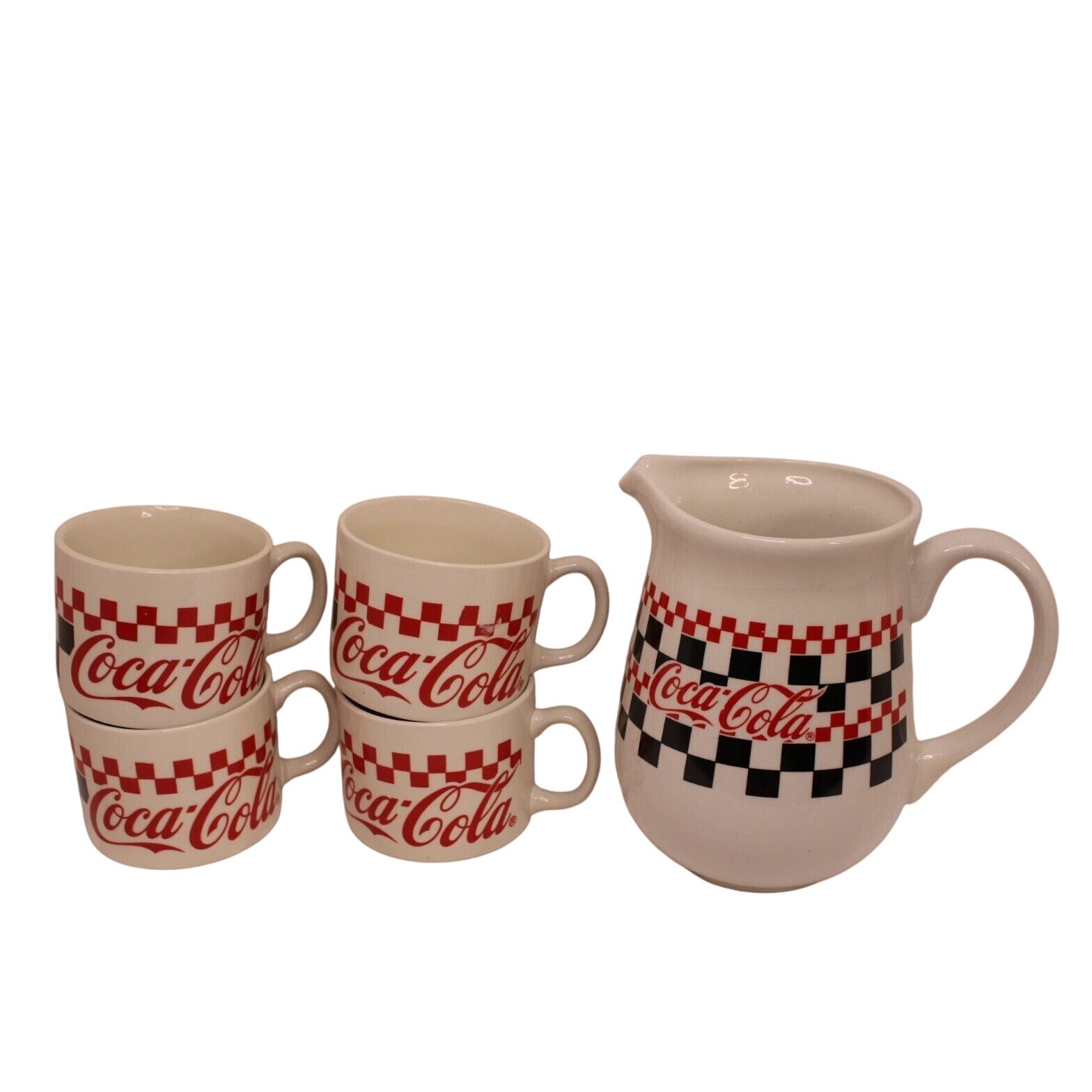 Vintage 1996 Coca Cola Gibson Ceramic Pitcher and 4 Mug Set