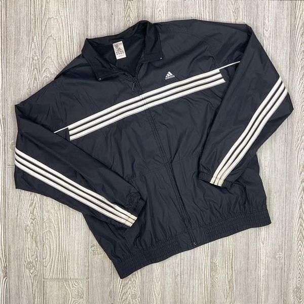 Vintage Y2K Adidas Black White Full Zip Up Windbreaker Jacket Streetwear Men XL