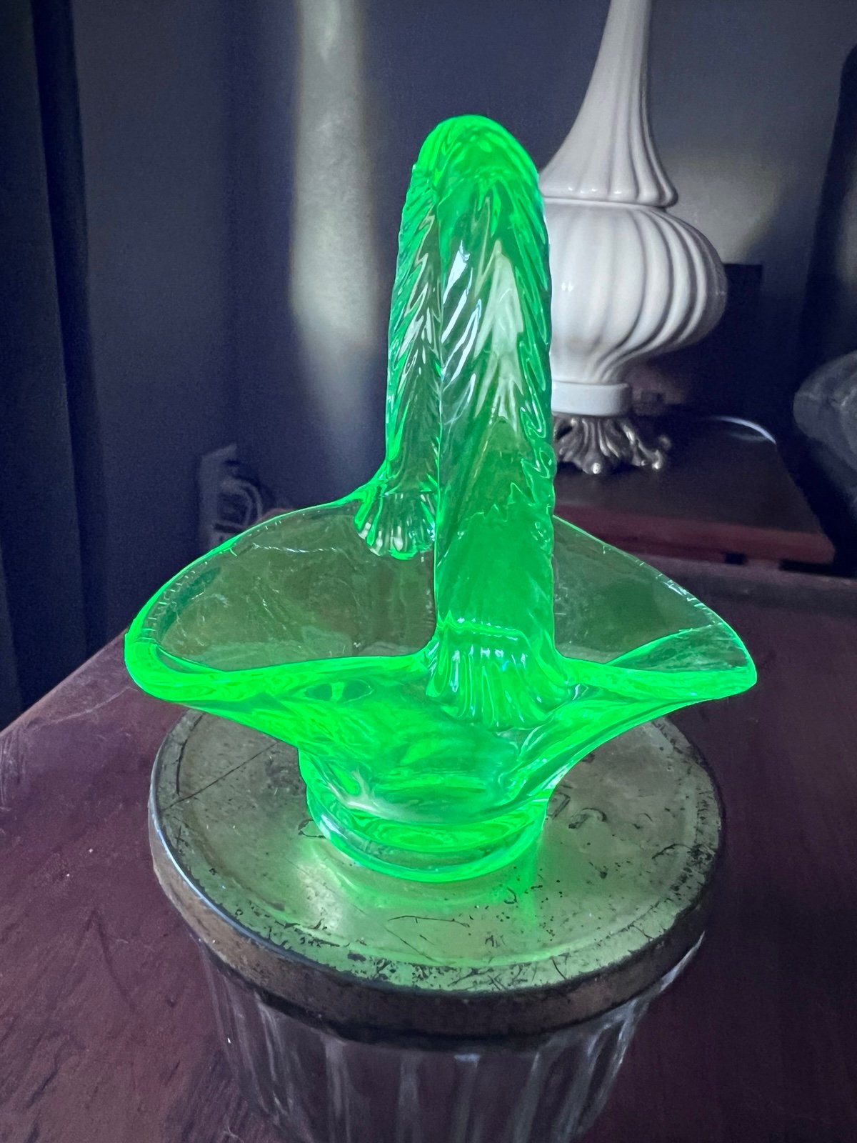 Vintage Small Green Uranium Vaseline Glass Bridal Basket