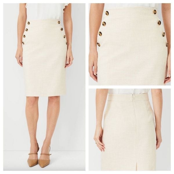 Ann Taylor 00P Sailor Button Pencil Skirt Beige & White (Pearl Shadow)