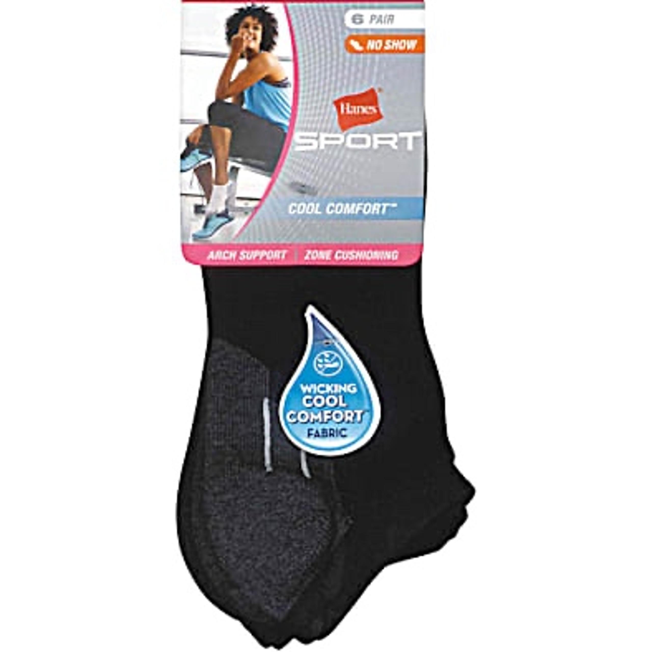 Hanes Sport Womens Sz 5-9 Cool Comfort No Show Black Socks Arch Support 3 Pair