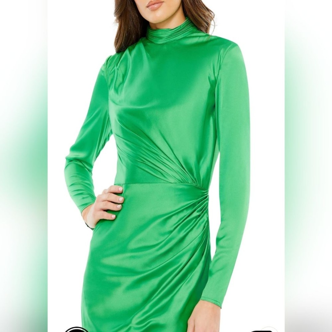 NWT Mac Duggal Dress 0 Green Satin Long Sleeve Mini Ruched Mock Neck Kelly Ieena