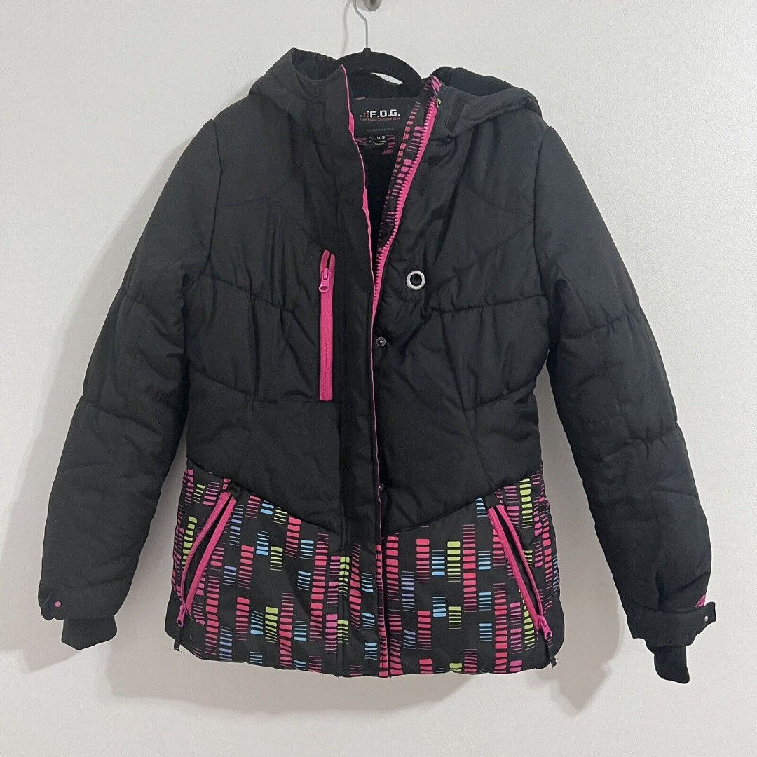 FOG London Fog Girls Puffer Coat Jacket Size L 14/ 16 Black Pink Media Fleece
