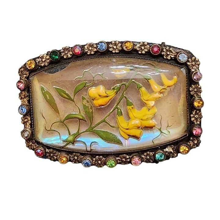 Antique Rare Celluloid Lily of the Valley Rhinestone Brooch (A1923)