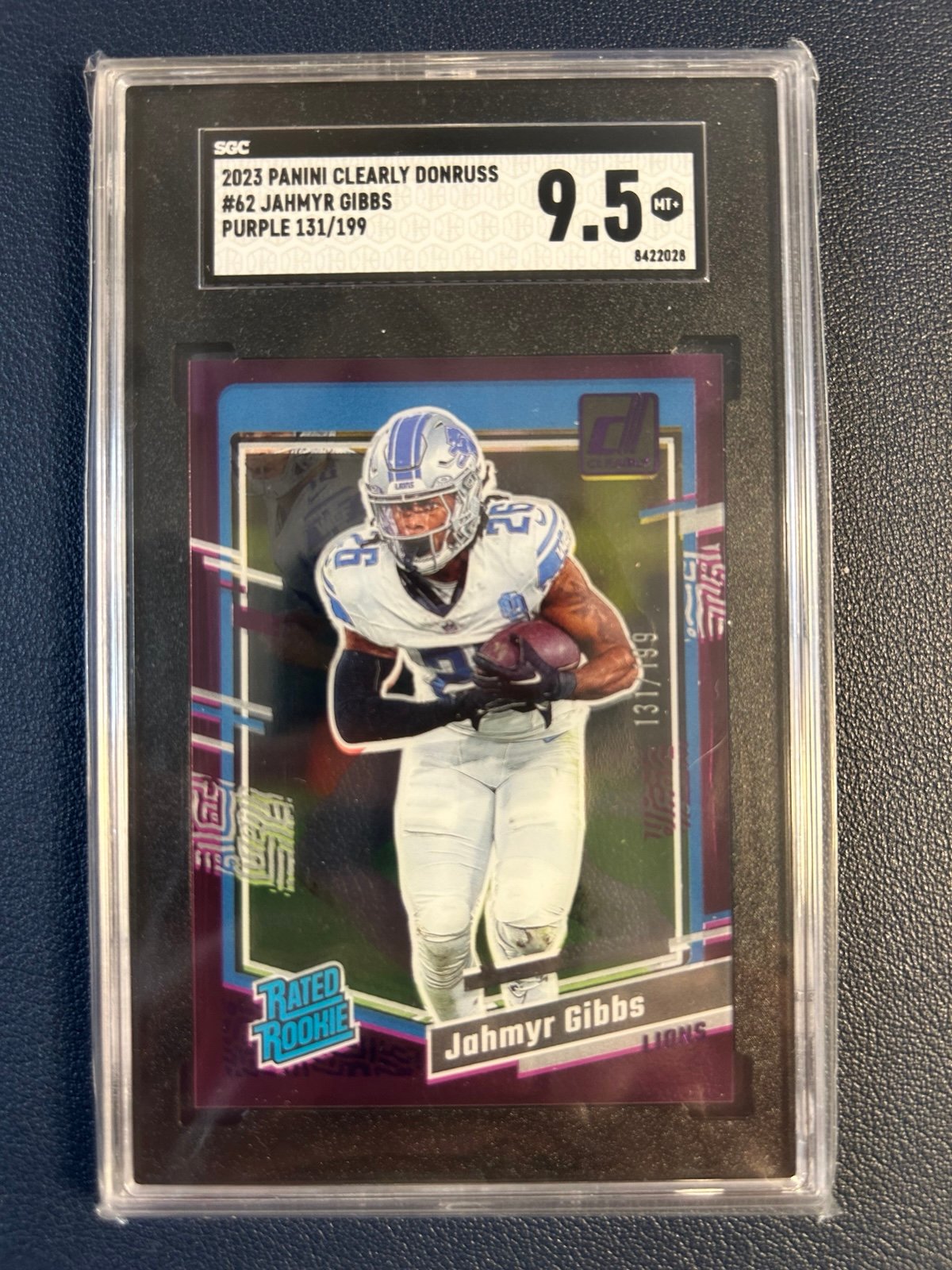 2023 Clearly Donruss  Rated Rookie Jahmyr Gibbs #62 Purple /199 SGC 9.5