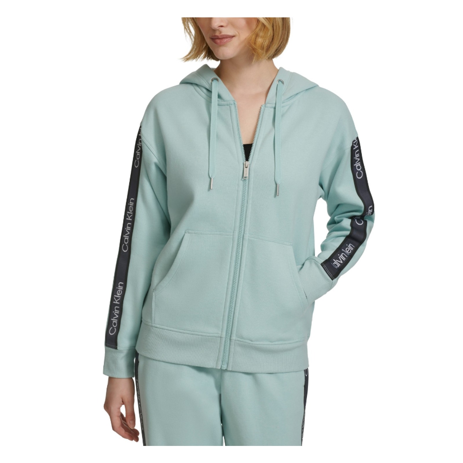 Calvin Klein Performance Women Fleece Logo Stripe Hoodie Sea Level Size S