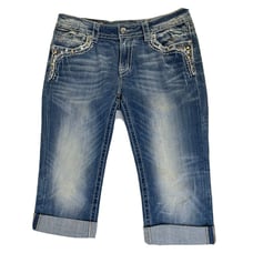 Miss Me Women's 31 Bedazzled Bling Thick Stitched Cuffed Capri Jeans