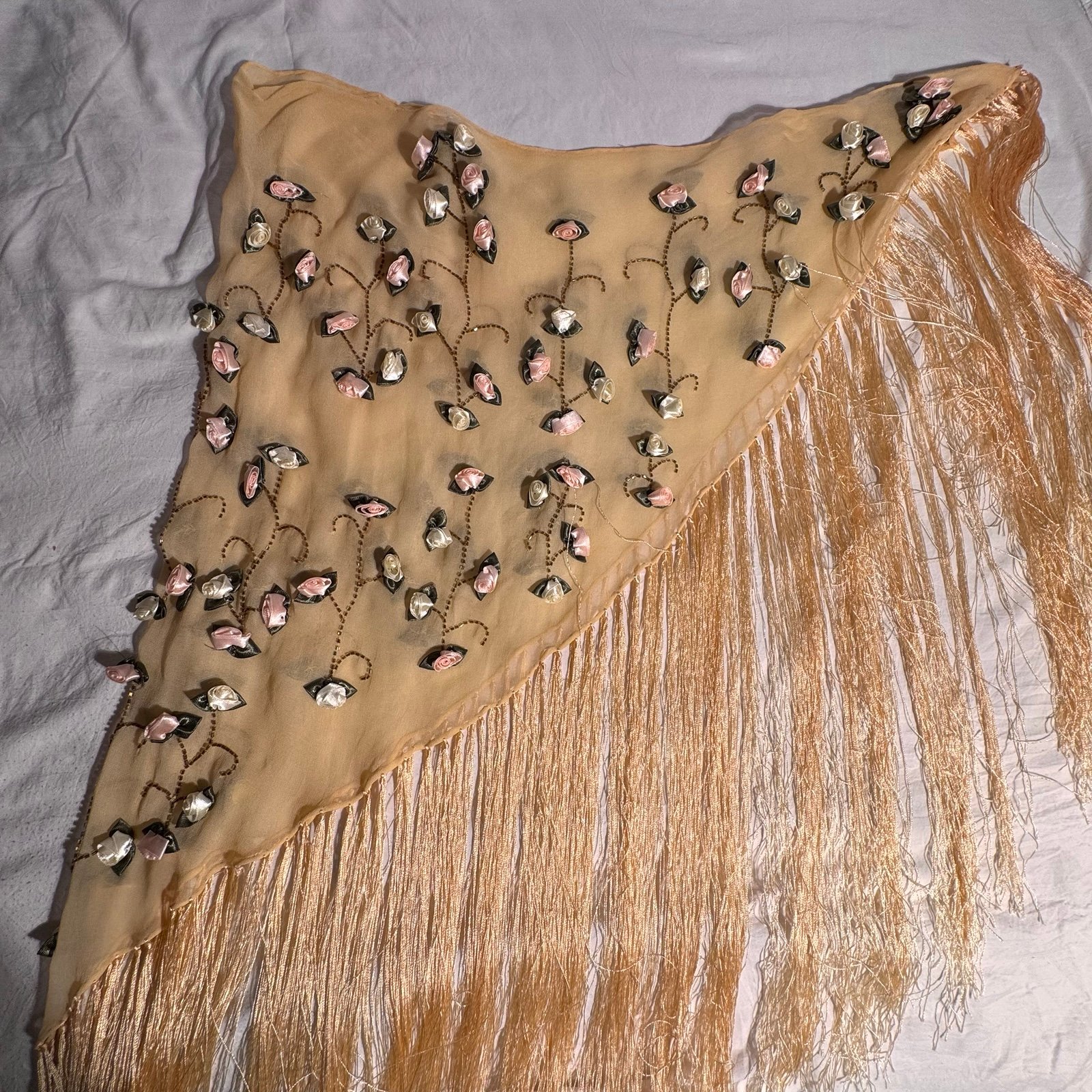Managrove & NY 100% Silk Rose Embellished Cream Scarf With Tassels 1920s Style
