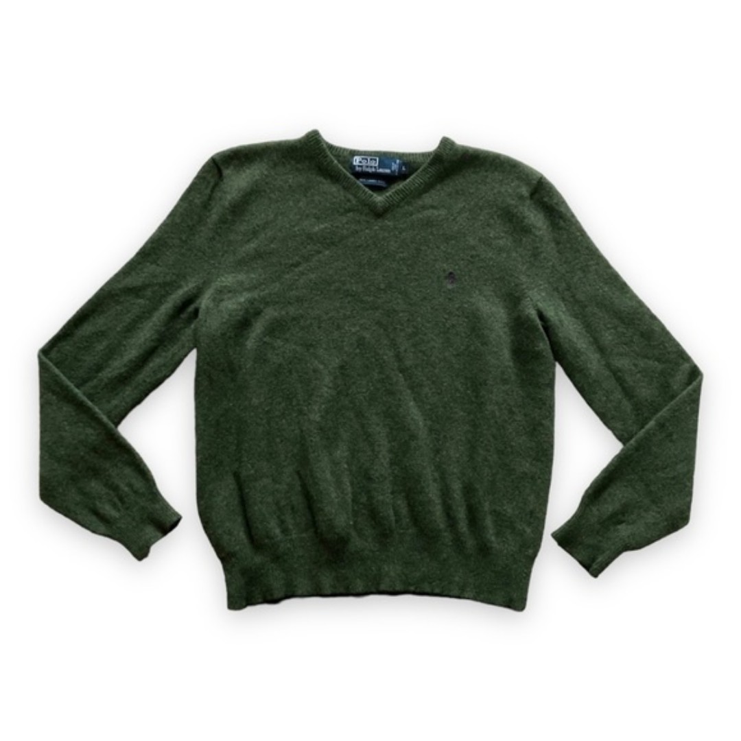 Vintage Polo Ralph Lauren Green V-Neck Lambs Wool Sweater Size Large