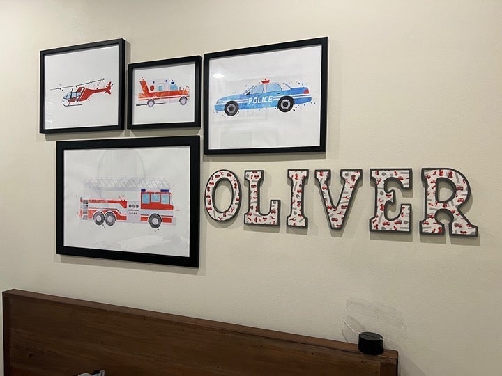 Wooden “Oliver” Name Sign in Firetruck Pattern