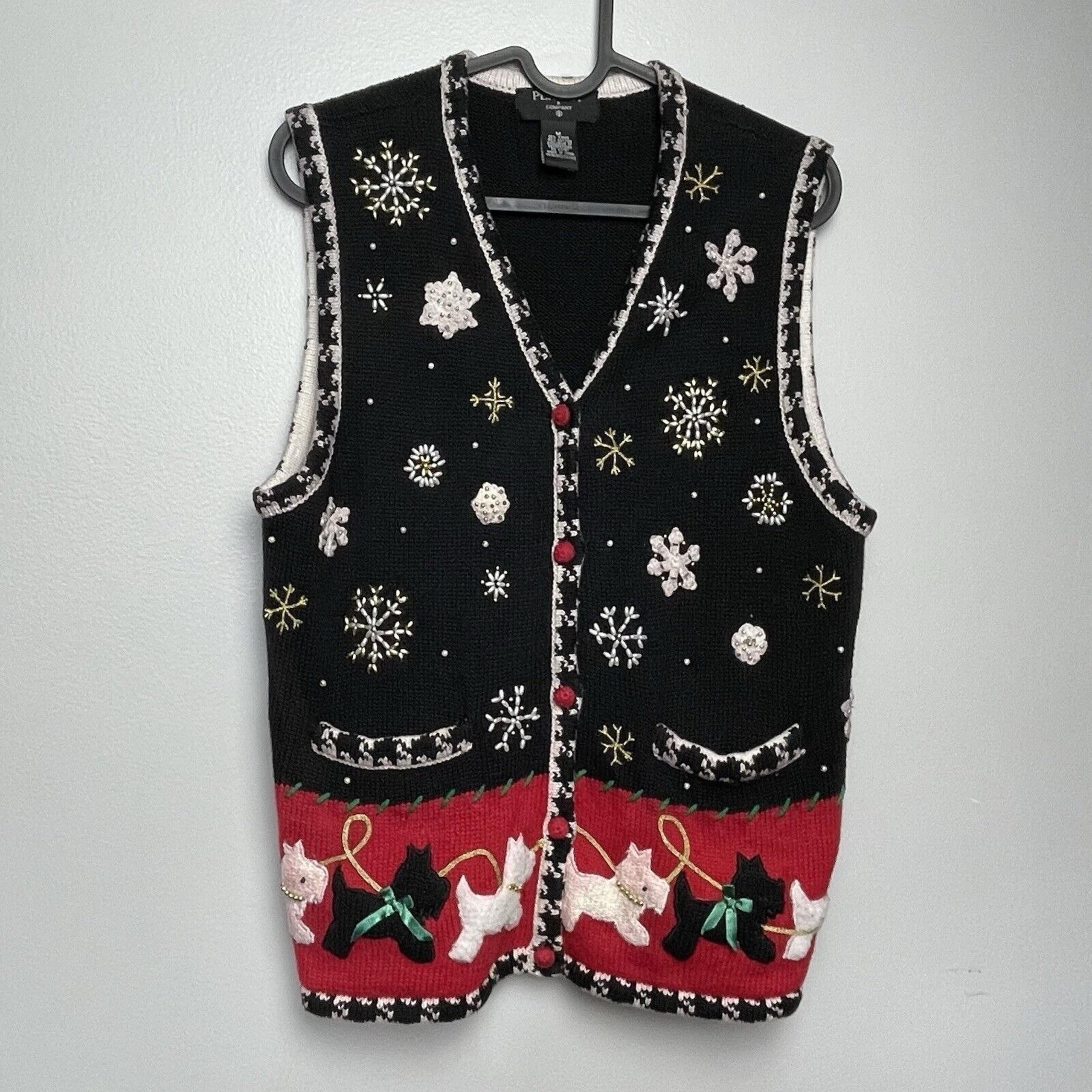 Vintage Ugly Christmas Sweater Vest Black Red Holiday Dogs Knit Novelty Medium