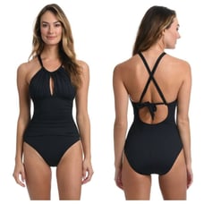 NWOT La Blanca Island Goddess High Neck Keyhole One Piece Sz 8
