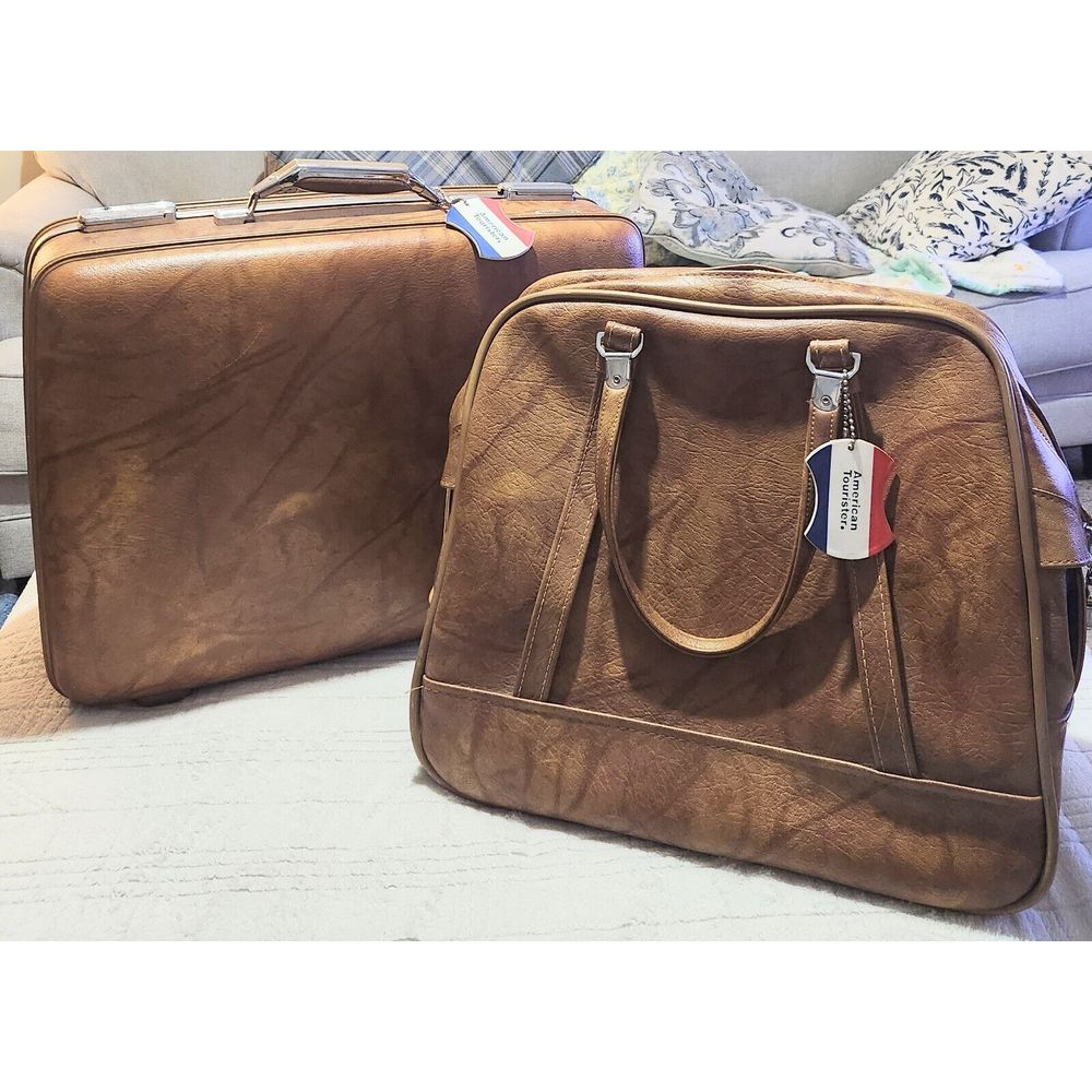 Set of 2 Vintage American Tourister Brown Marbled Hardshell Suitcase & Bag