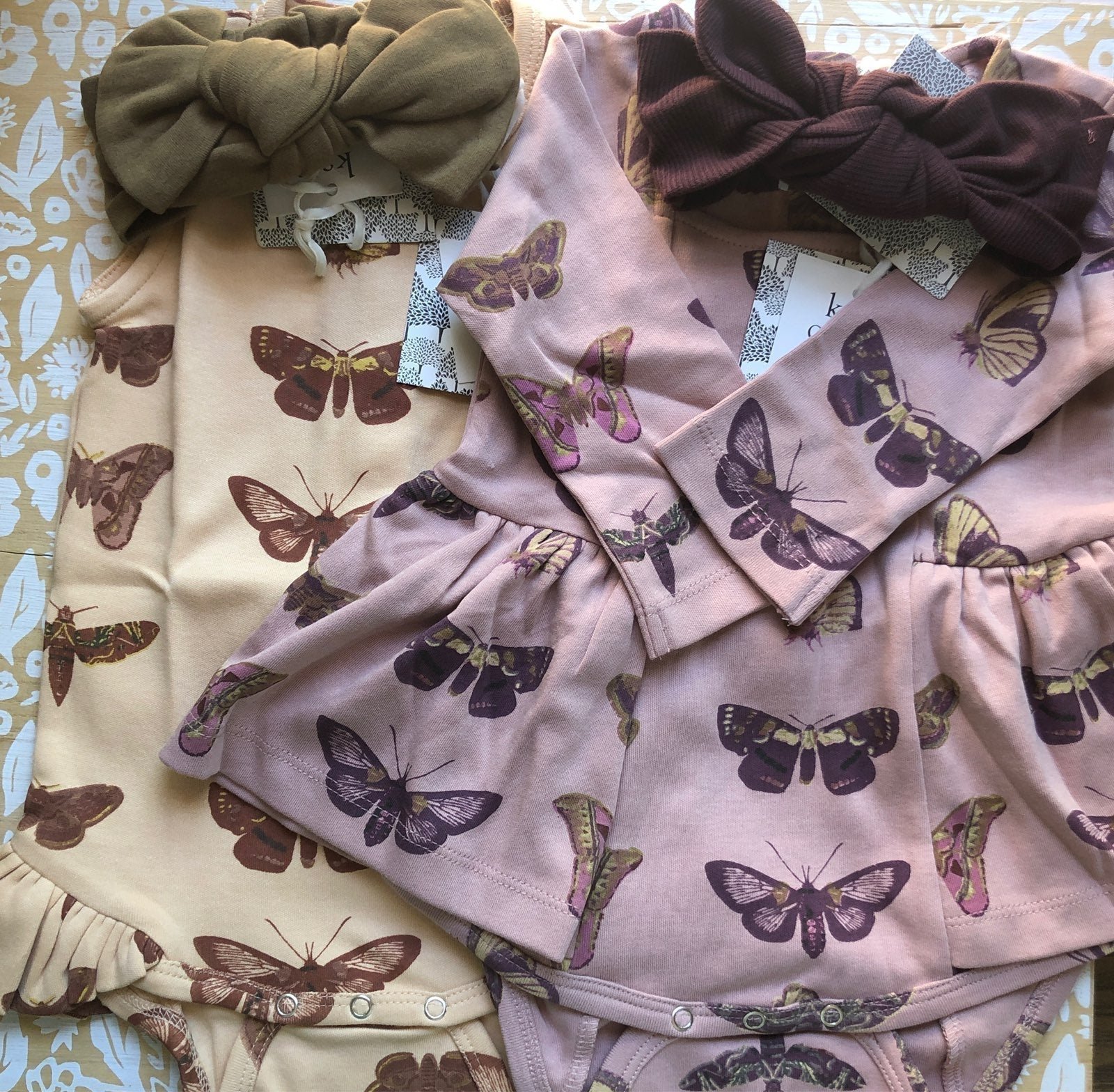 Kate Quinn neutral & rose moths butterflies ballerina & ruffle leg bundle 6/12m