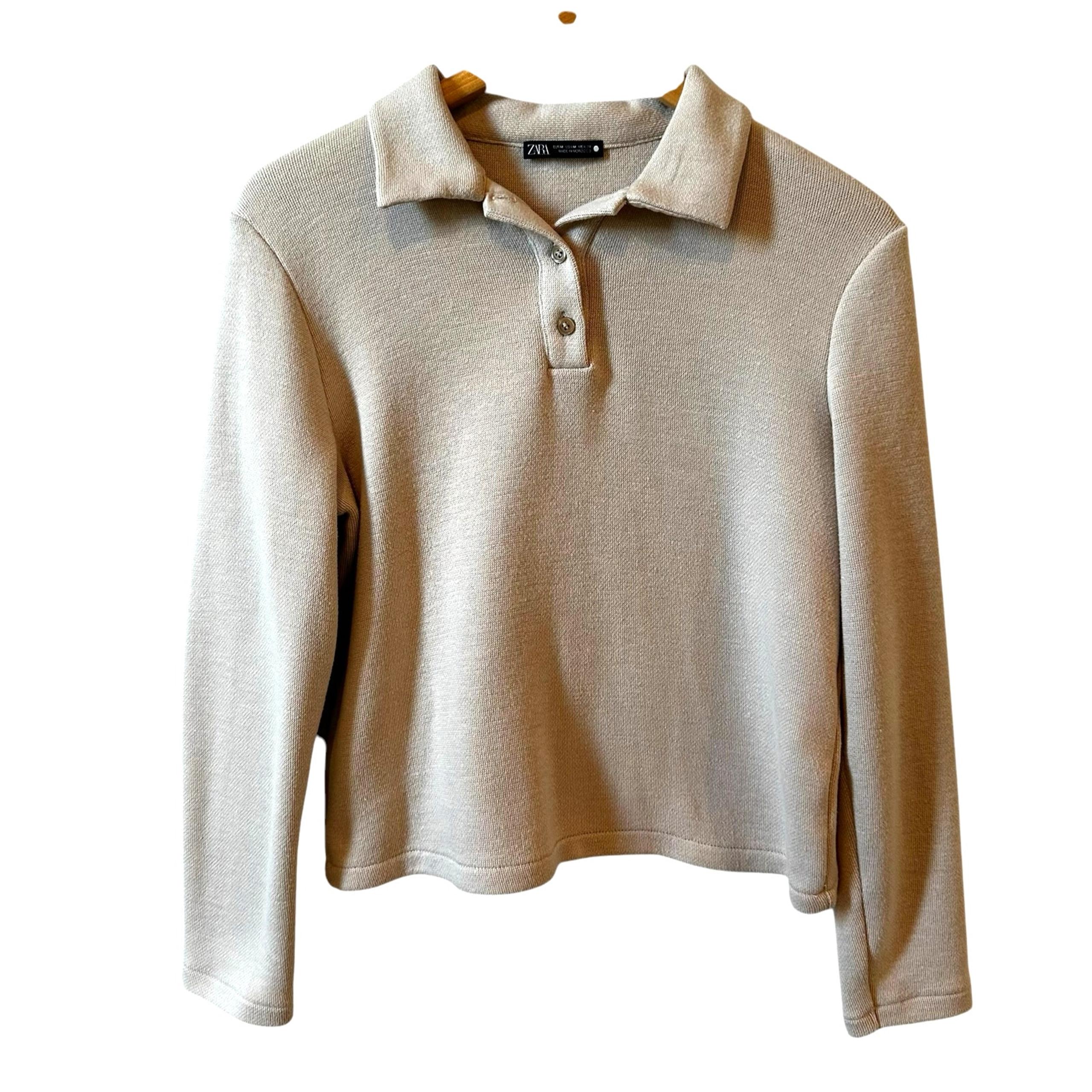 ZARA Long Sleeve Collared Pullover Polo Sweater Beige Women's Size Medium