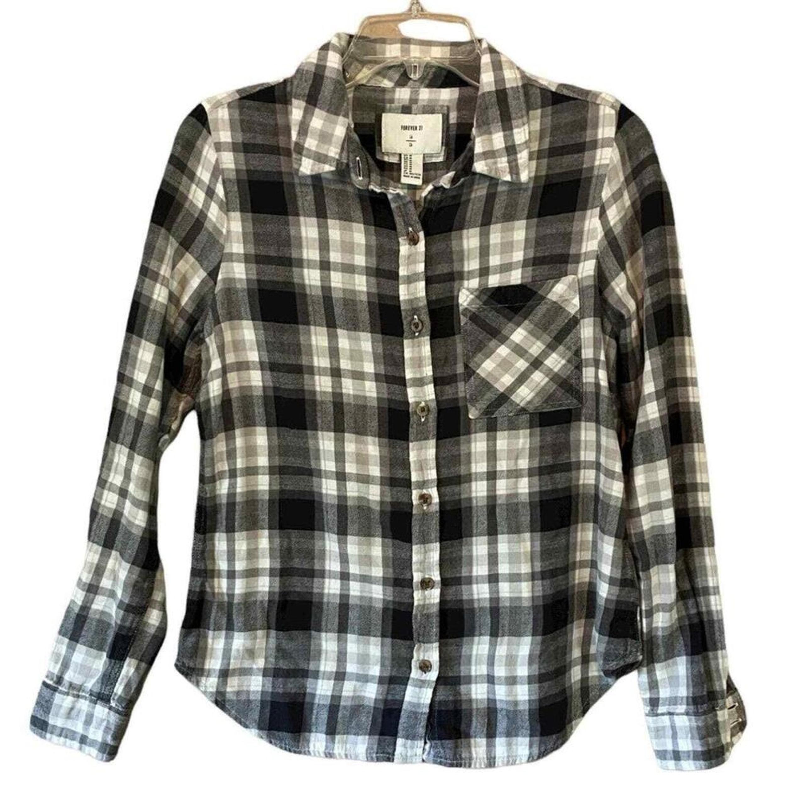 Forever 21 Womens Size Medium Shirt Long Sleeve Plaid Gray