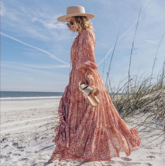 Free People Feeling Groovy Sheer Boho Western Cottage Prarie Maxi Dress Snall