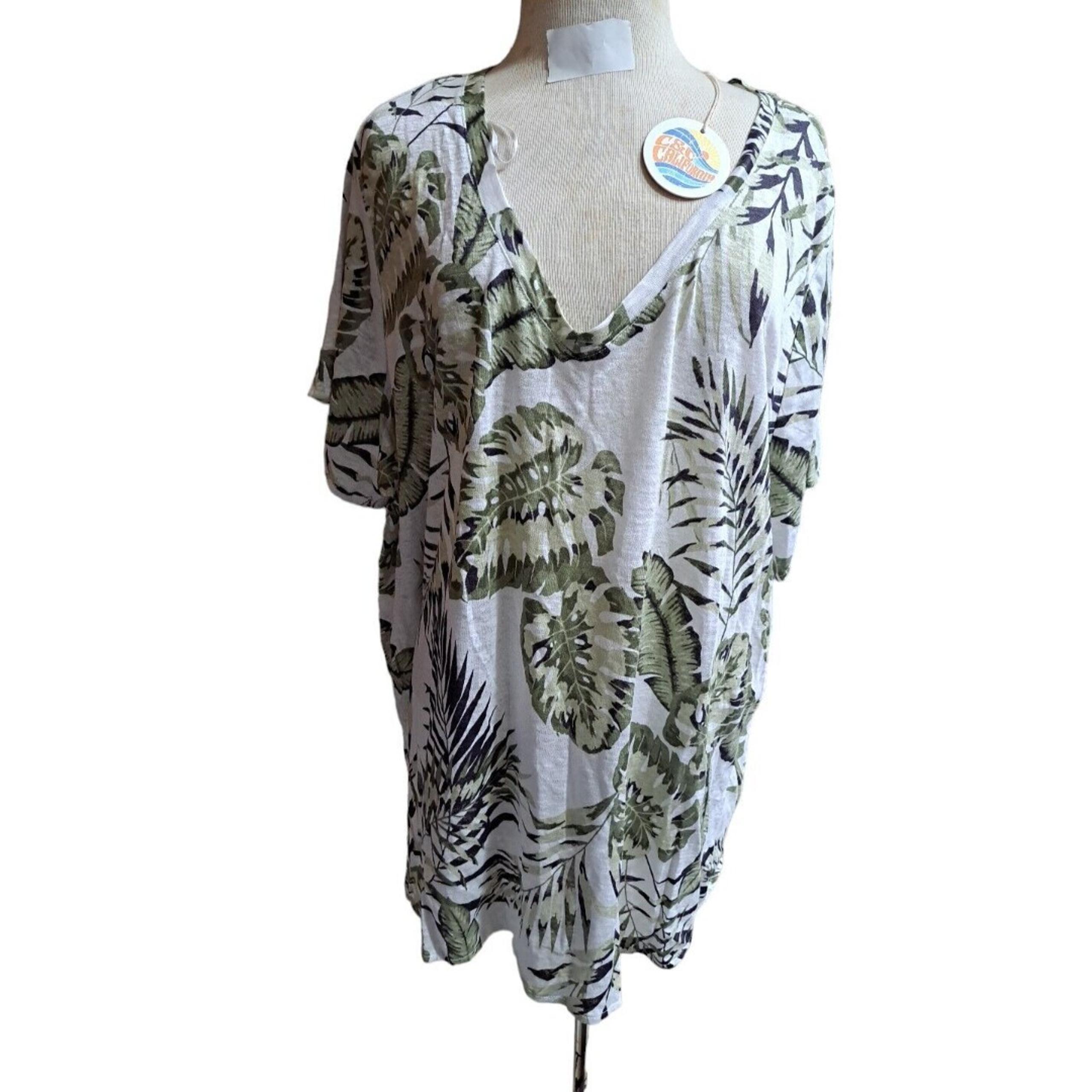 C&C California 100% Linen Blouse Women 3X Tropical Short Sleeve Top Hawaiian NEW