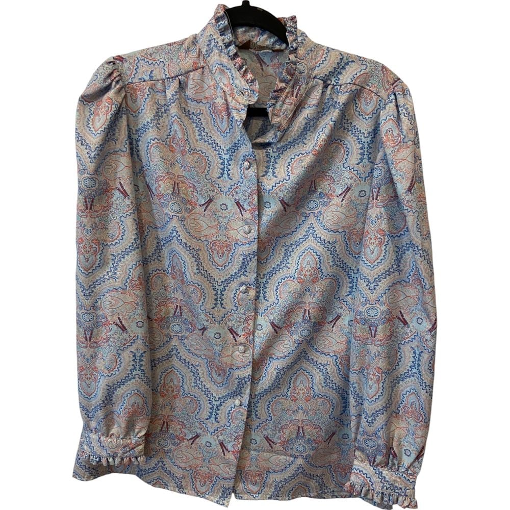 By Ruggeri Button Up Blouse Multicolor Damask Ruffled Collar Long Sleeve Vintage