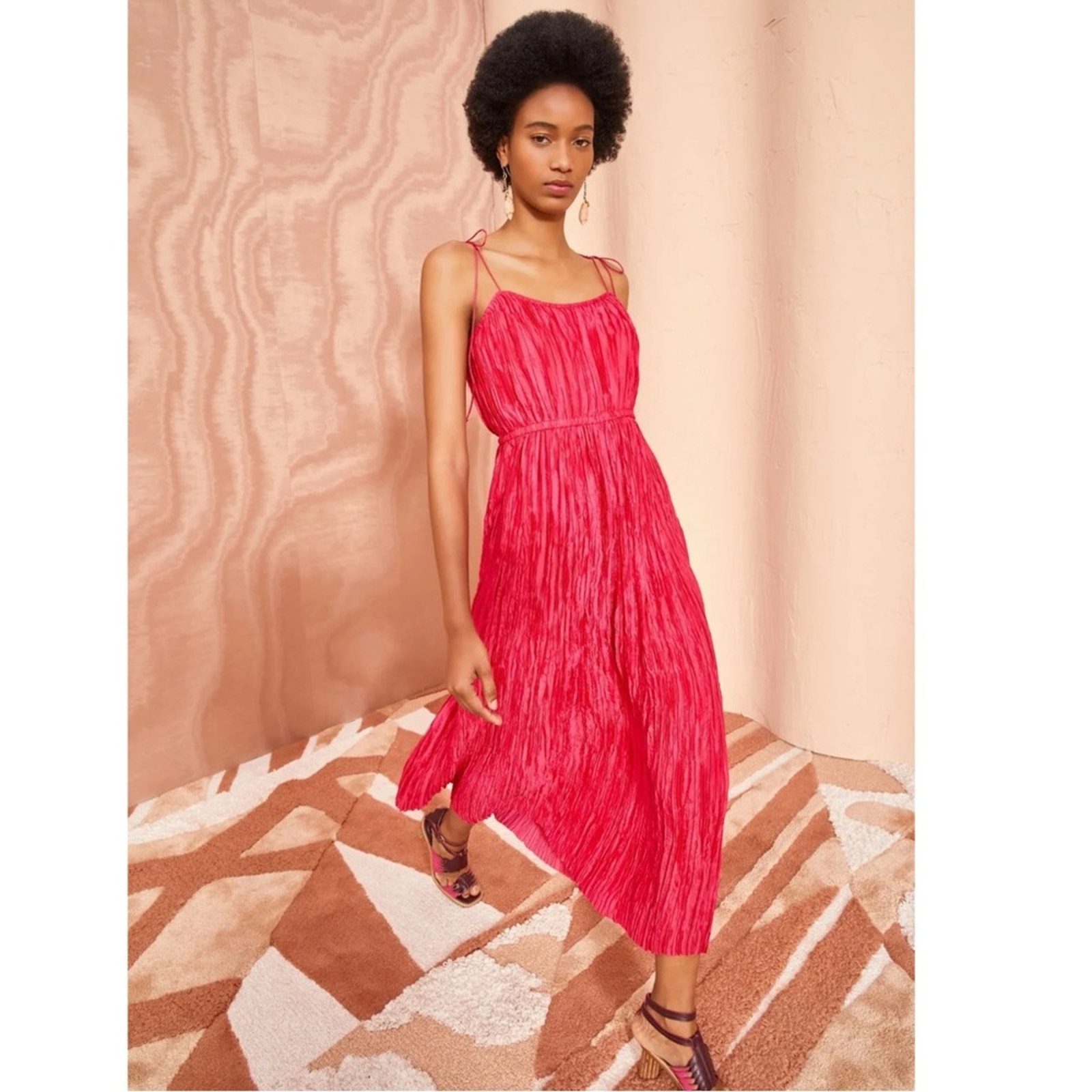 ULLA JOHNSON Orla Tie Shoulder Plissé Crinkle Midi Dress in Orchid Size 8