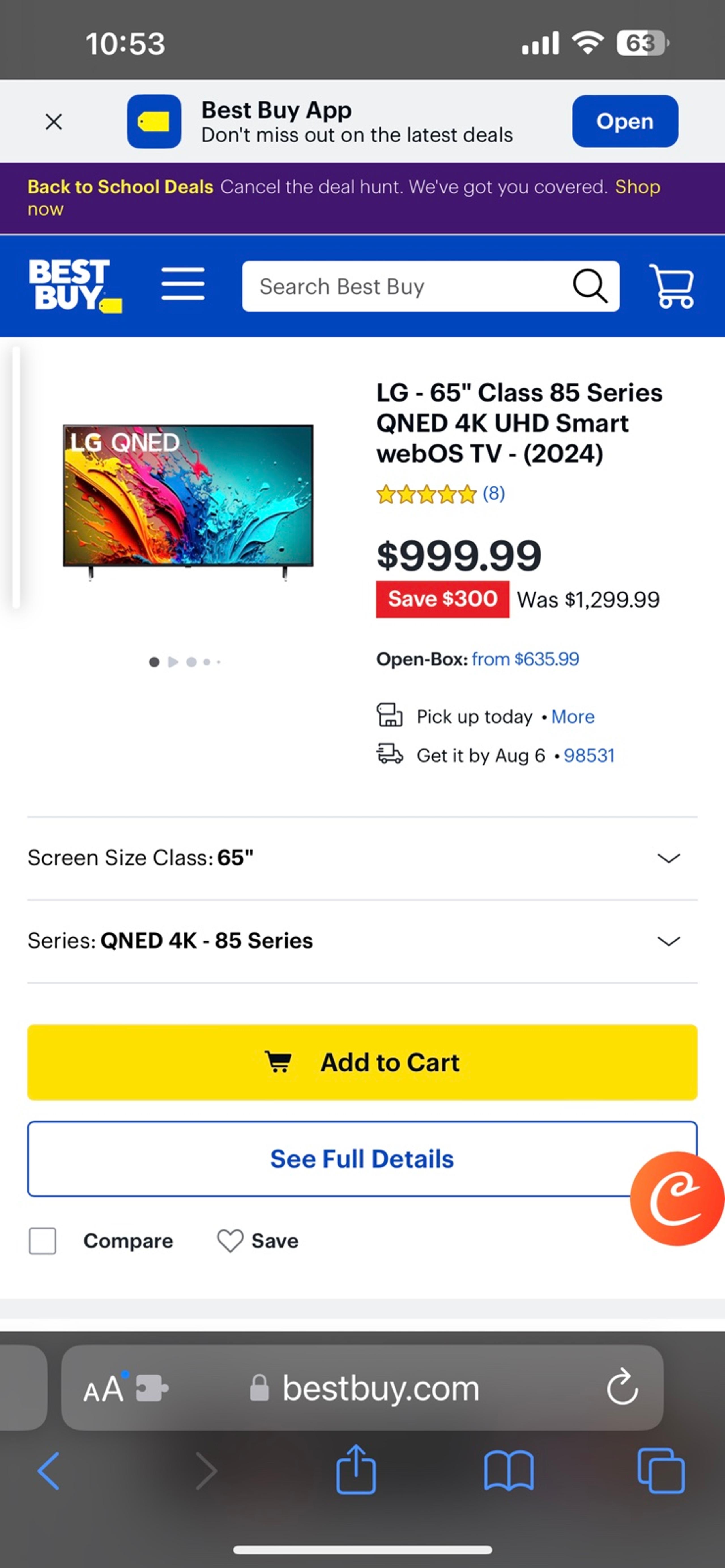 LG 65NANO85UNA 64.5in. LED TV