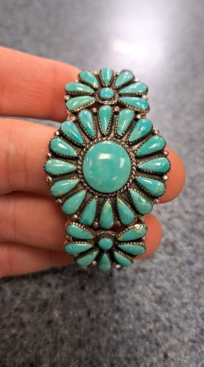 Vintage Antique Navajo Cluster Turquoise Sterling Silver Cuff Bracelet