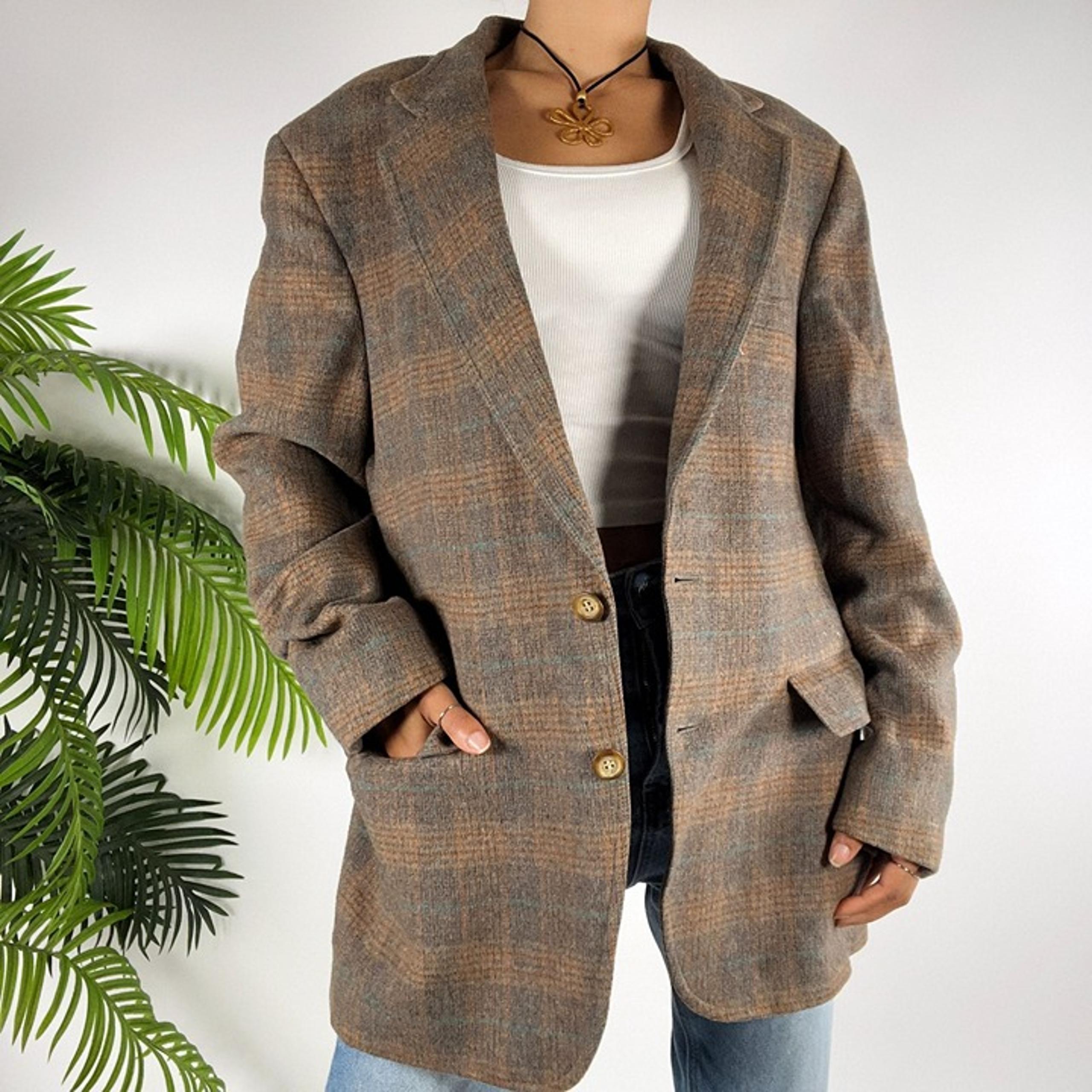 Vintage 70s Hamricks Brown Plaid Preppy Wool Blend Lapel Blazer Jacket / L
