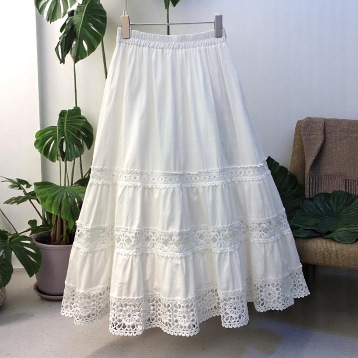 Hollow Lace Embroidery Splicing Fairy Maxi Skirt