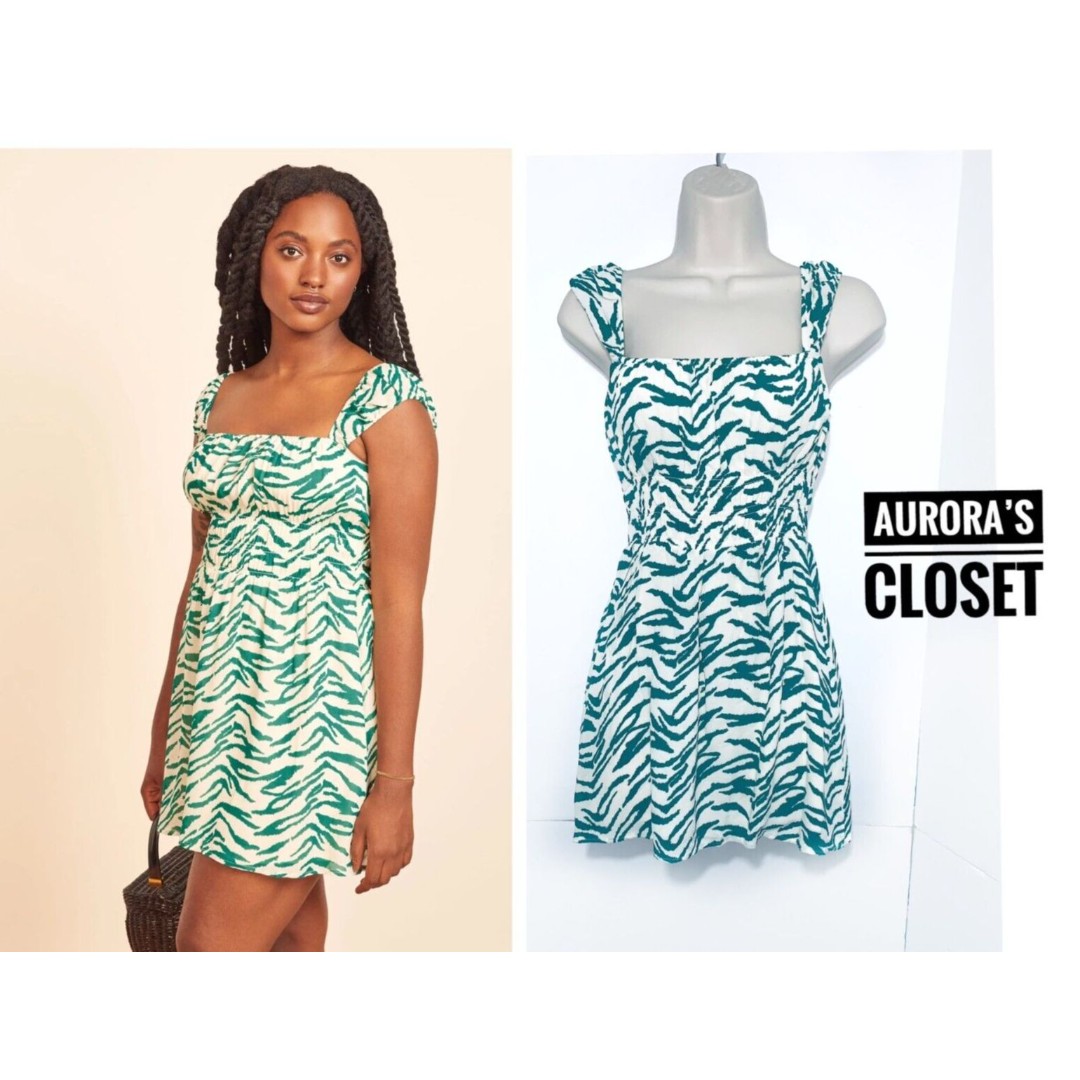 Reformation 6 White Zebra Darlin Mini Dress Flutter Sleeve Green 328