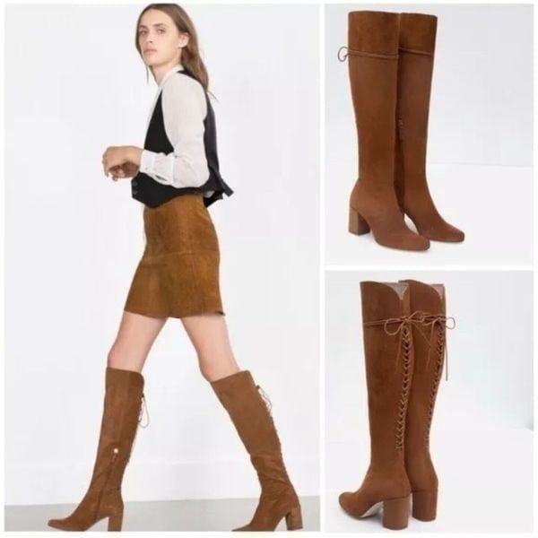 Zara Collection Suede Boots Womens US 8 Brown Camel Heeled Lace Up OTK Flawed