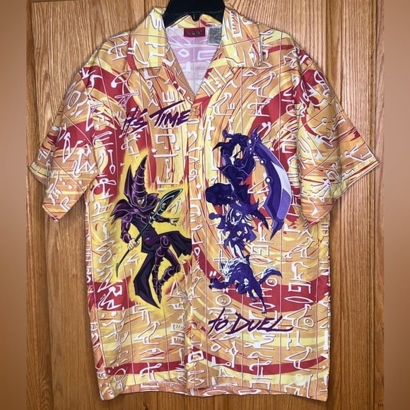 VINTAGE 90s Yu-Gi-Oh Manga Dark Magician Anime Button Down Shirt Youth XL 14/16