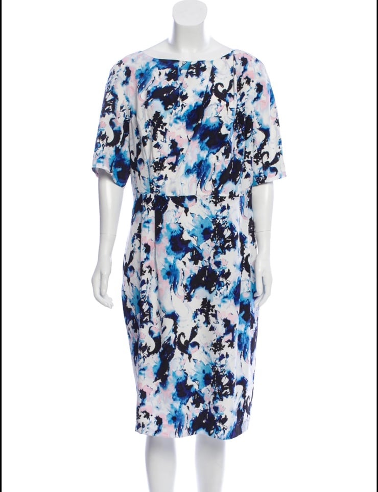 St. John White and Blue Watercolor Printed Silk A-Line Midi Dress