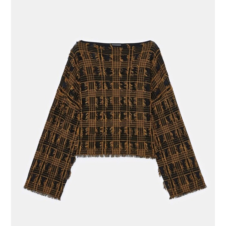 Lafayette 148 New York PLAID JACQUARD KNIT FRINGED SWEATER Shirt 1298 NWT M/L