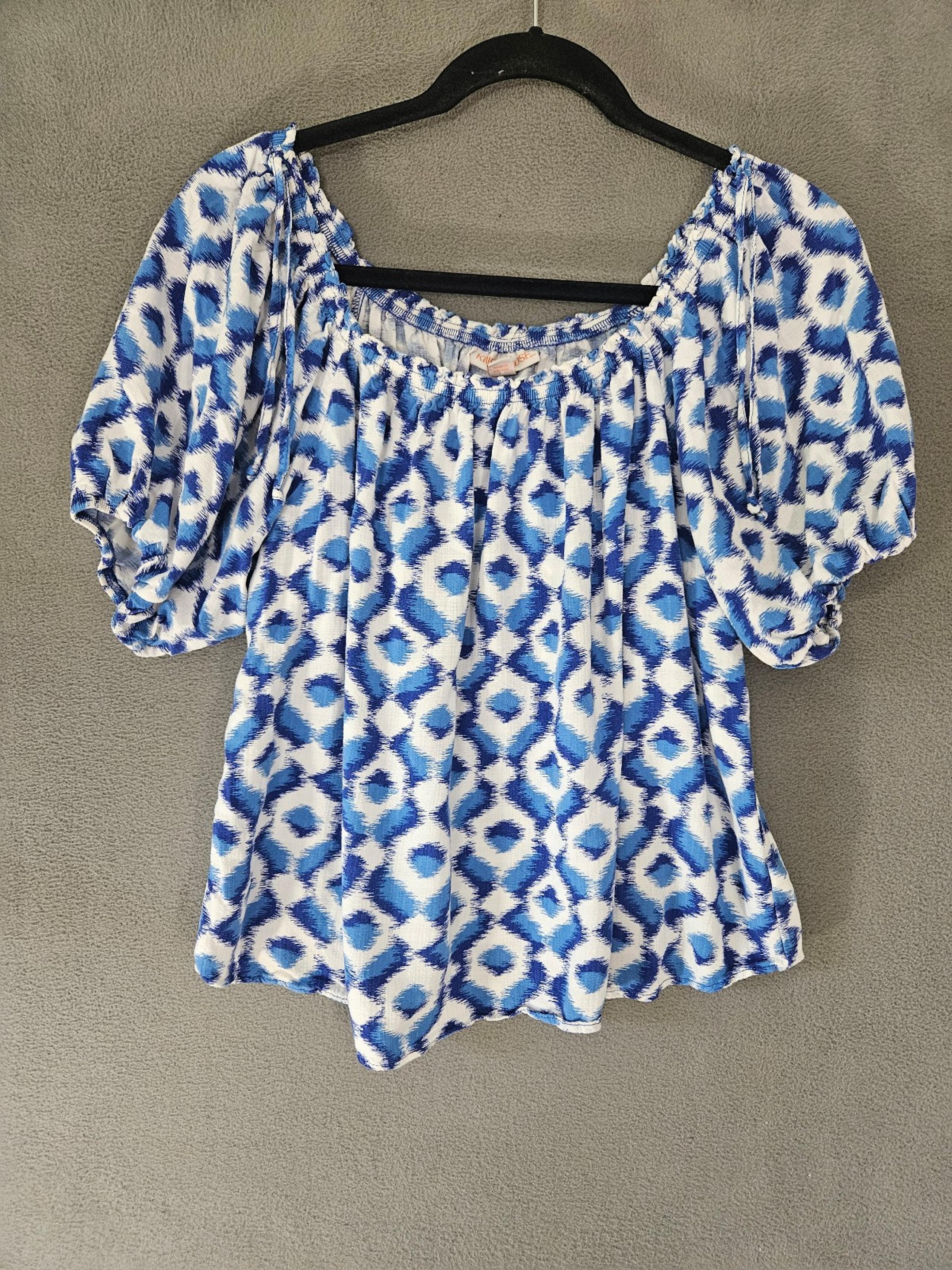 Knox Rose Womens Small Shirt Off The Shoulders Blue Dimonds Boho Balloon Sleeve