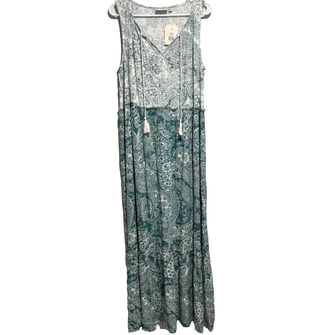 NWT Wonderly Bohemian Green Paisley Sleeveless Tiered Peasant Maxi Dress Size M