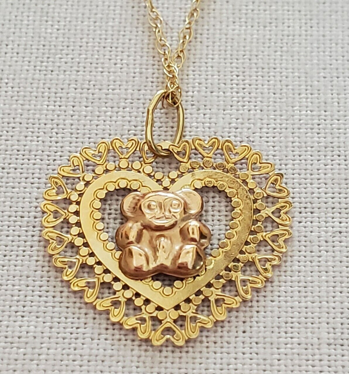 Fine Solid 14K YELLOW PINK GOLD Filigree Heart Koala Bear Pendant Necklace Charm