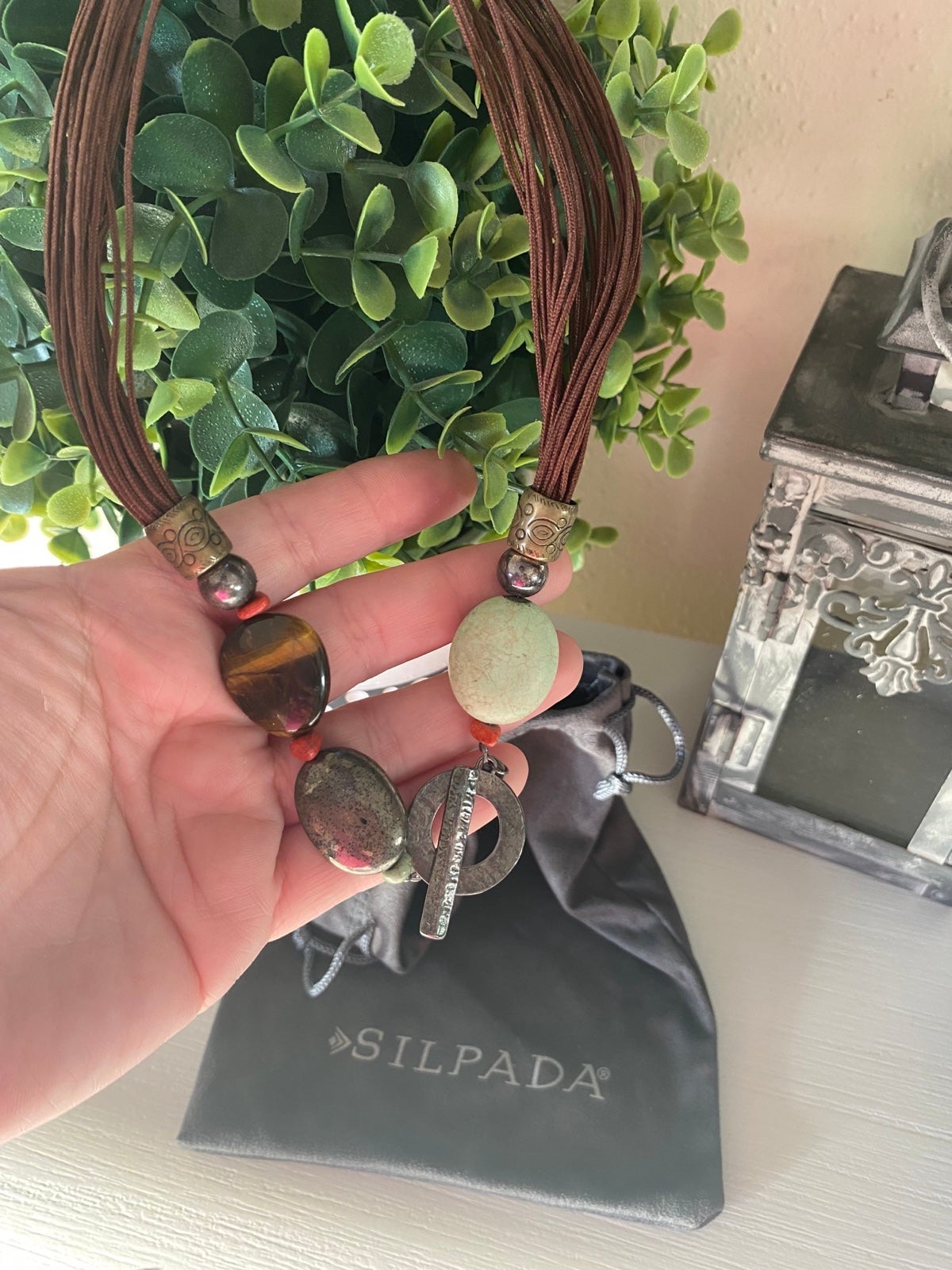 Silpada N1891 Sterling Silver Leather Howlite Tiger's Eye Necklace w/dust bag