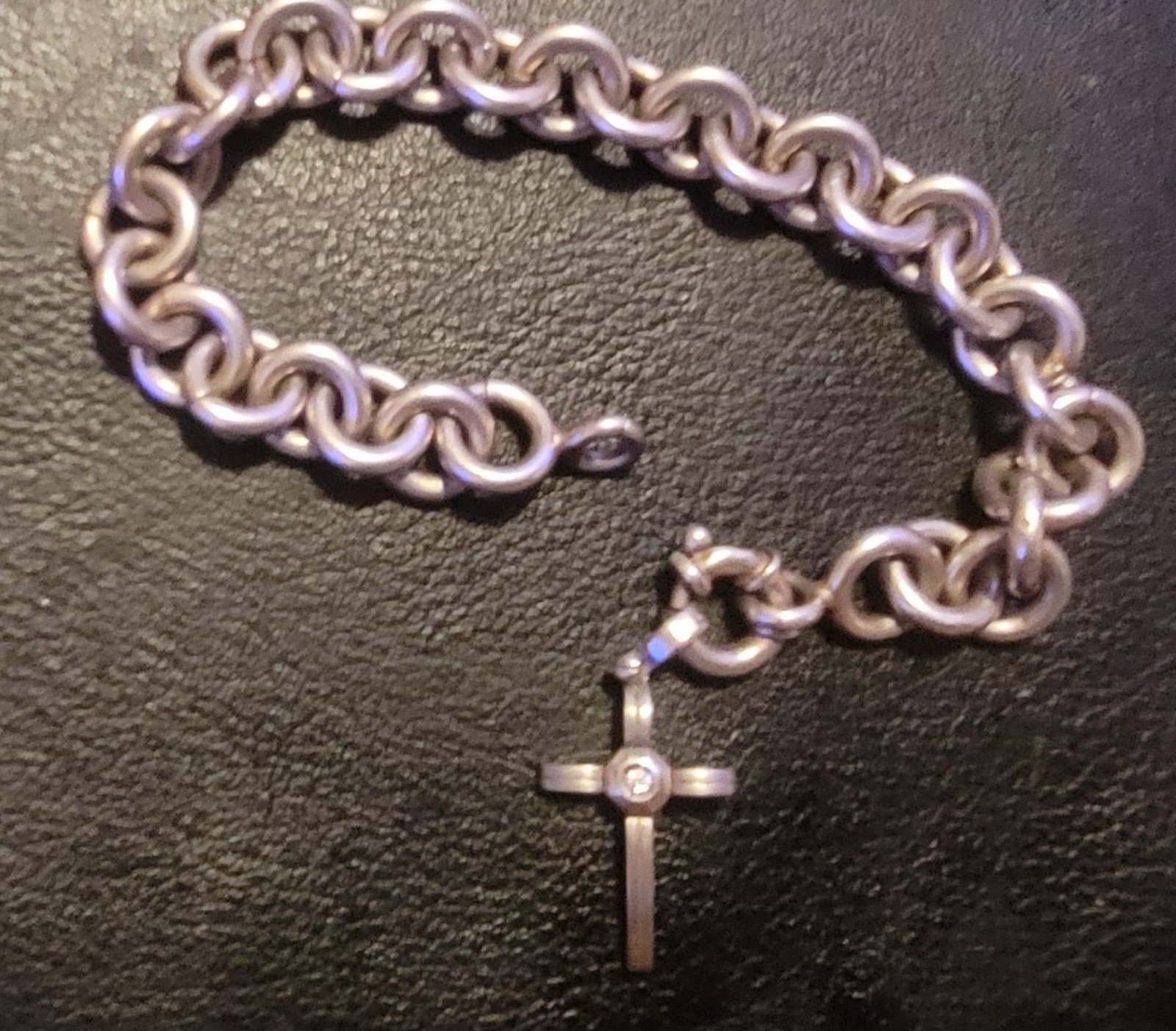 Vtg S S Rare Round Rolo Link Mens Womens Swivel Cross Charm Pendant Bracelet