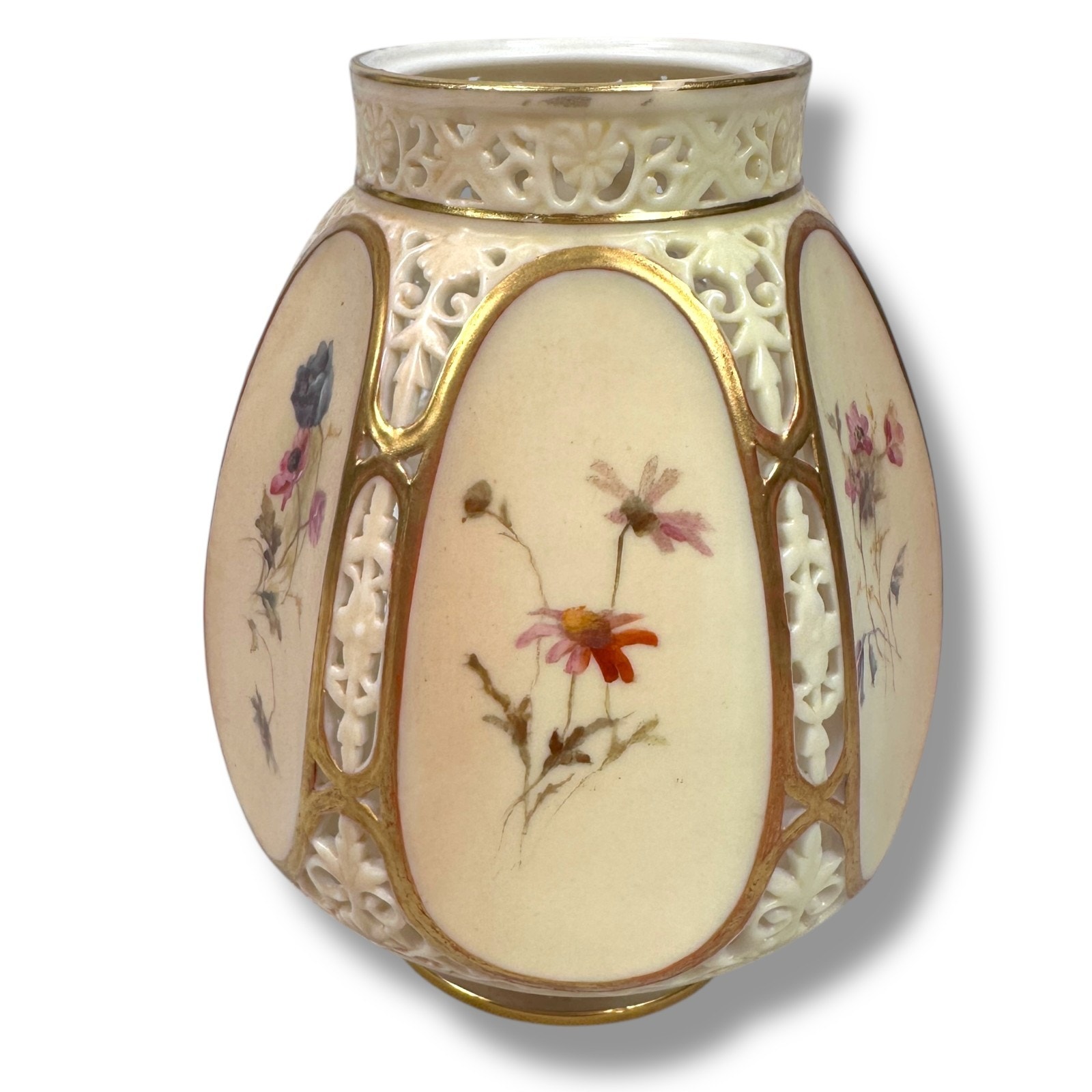 Antique Royal Worcester Pot Pourri Vase 5" Iory Gold Floral England 1893 Flowers