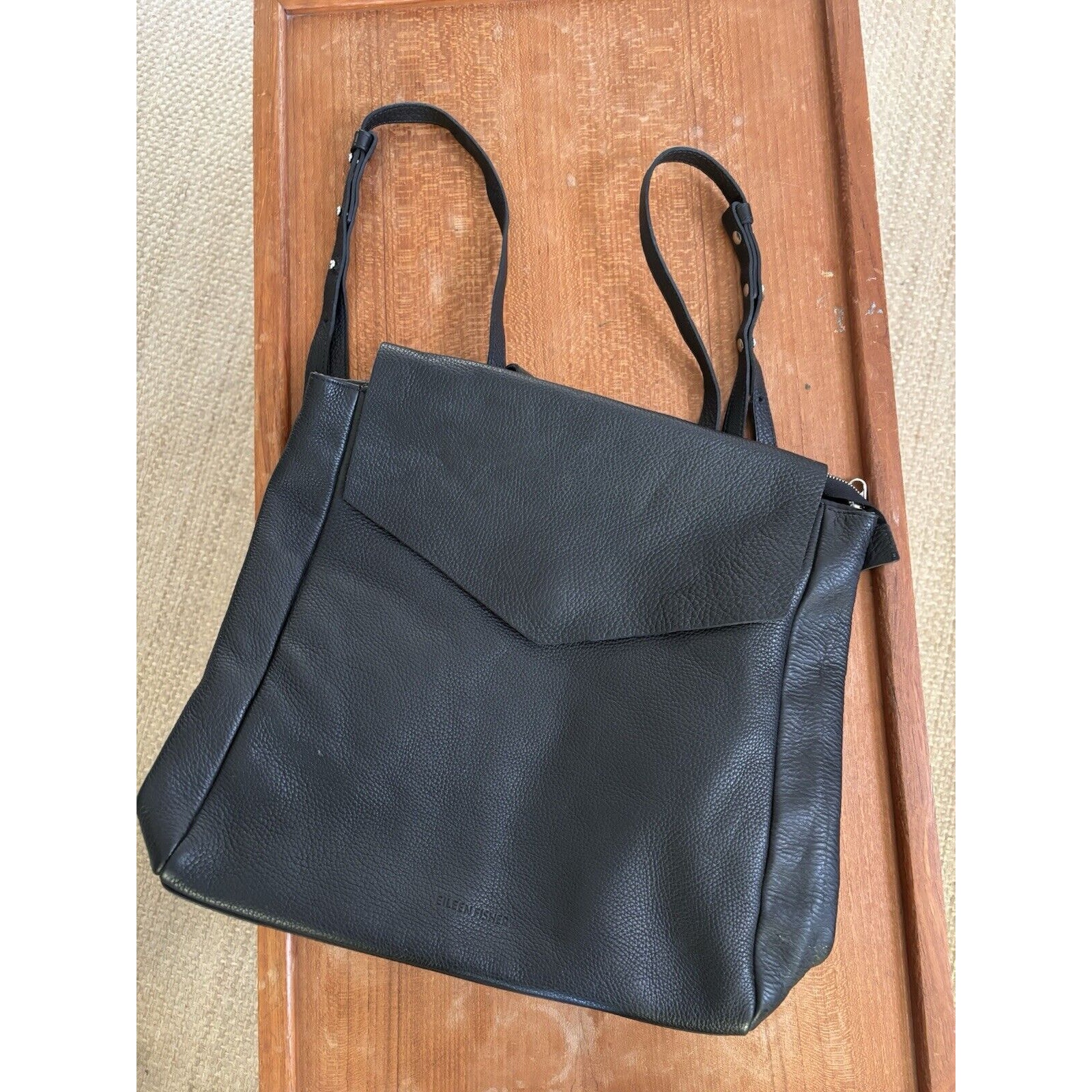 Eileen Fisher Black Pebbled Leather Backpack Rare