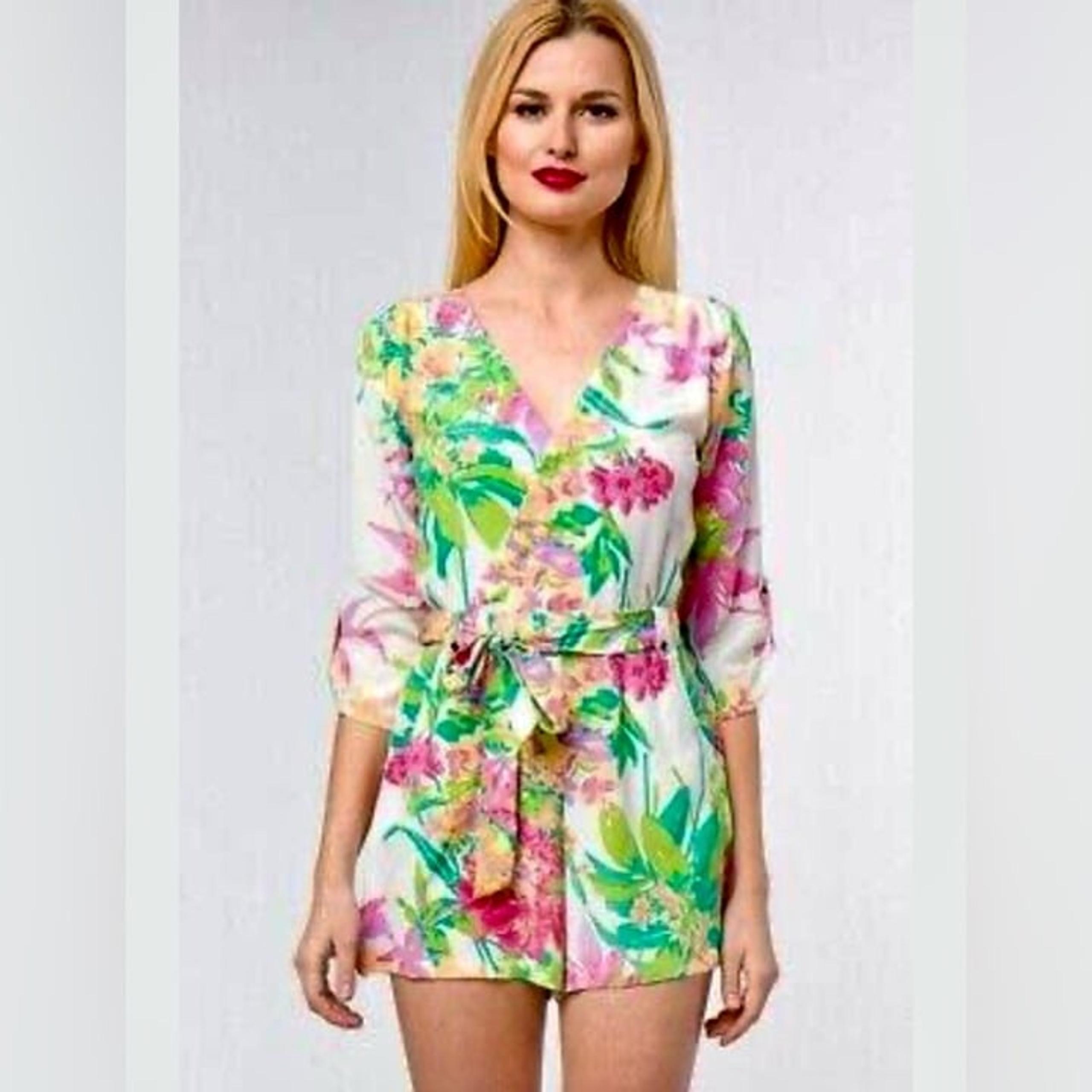 Yumi Kim White Floral Pink Yellow Sherbet Green 100% Silk Romper Belted V Neck