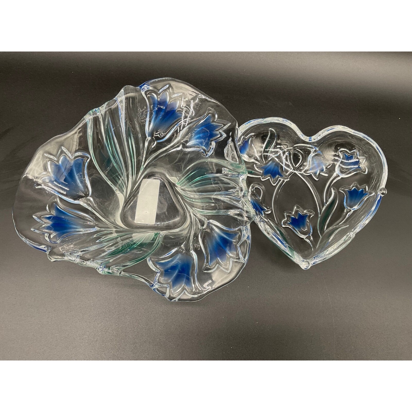 Mikasa Bluebells Greenbrier Glass Candy Nut Dish Heart Plate Set