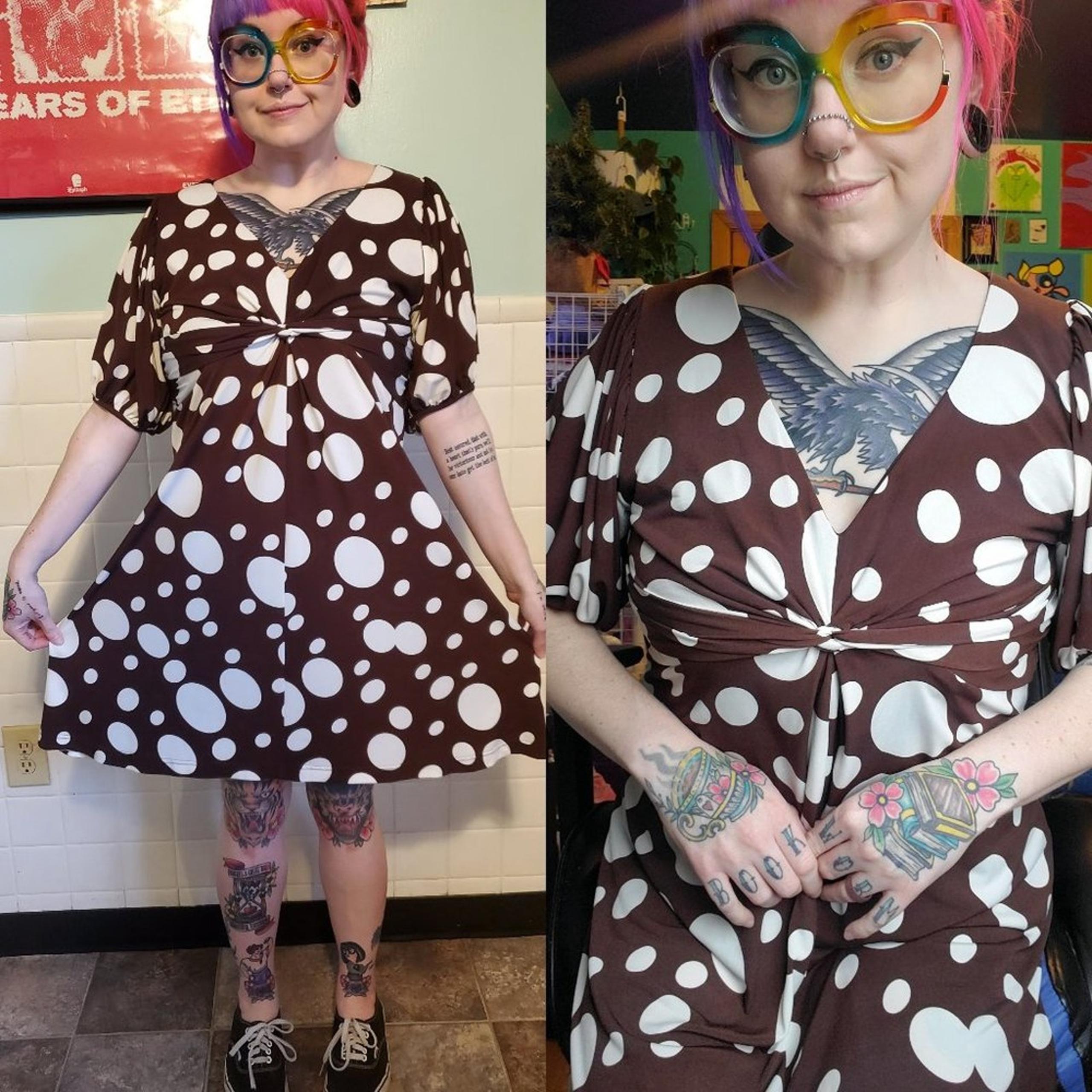 Vintage 90s Brown White Polka Dot Pattern V Neck A Line Knee Length Dress