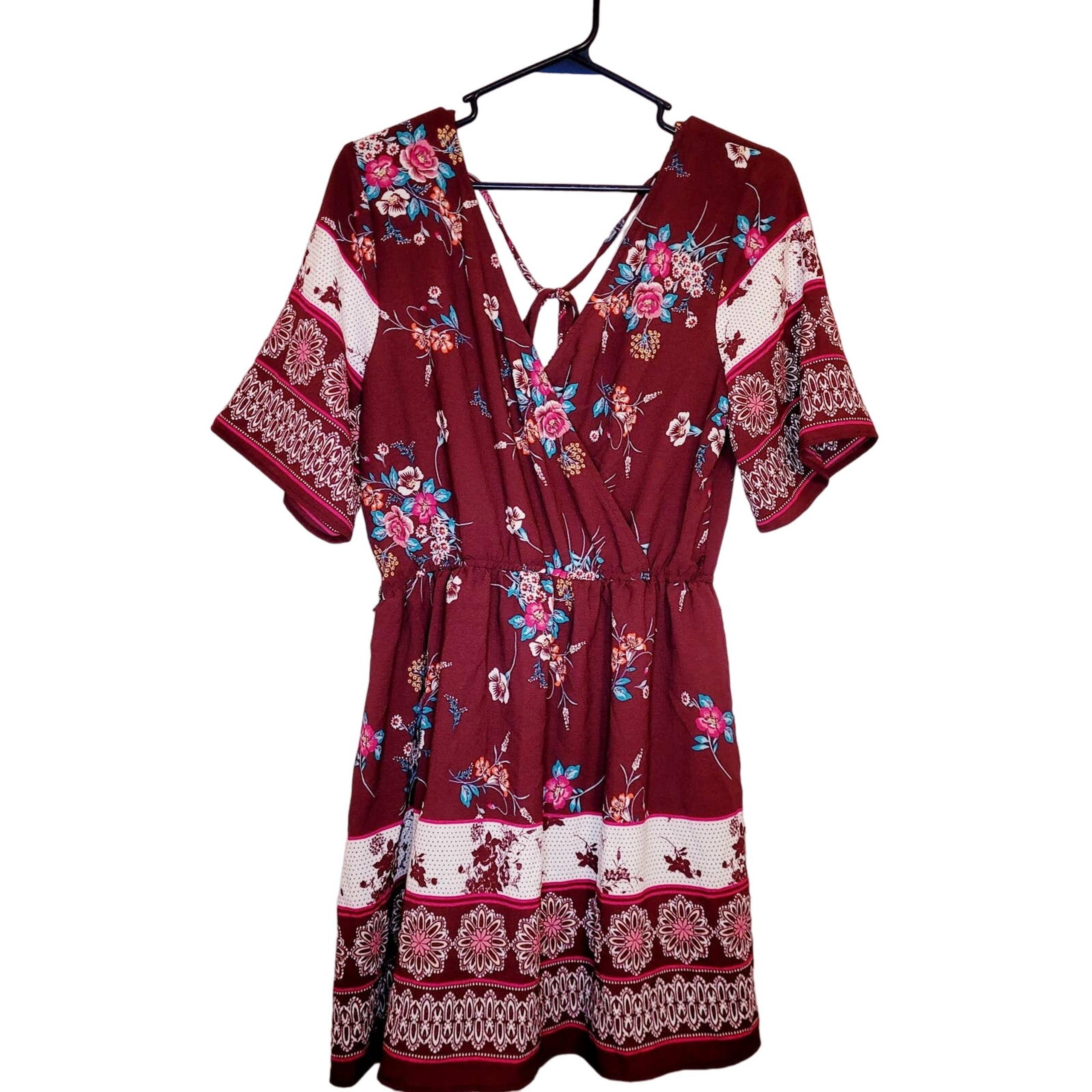 Trixxi maroon red  v-neck mixed floral print knee length boho dress