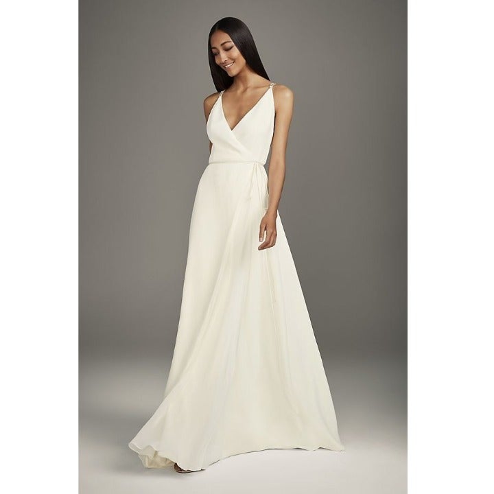 RARE Vera Wang White Crepe Wrap Wedding Dress - Jeweled Crisscross Back - Size 8