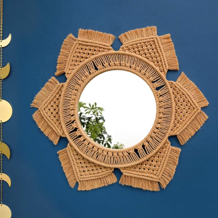 Hanging Wall Mirror w/ Macrame Fringe Round Boho Mirror Art Decor for Apartment,